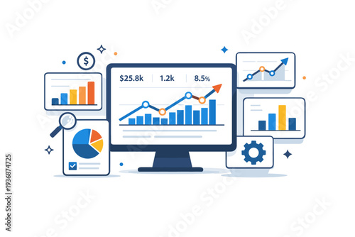 Data analytics dashboards presenting clear business insights with bar charts and line graphs arranged around a central screen, conveying transparency, control,