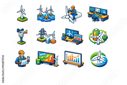 Wind Energy Startups. Colorful isometric vector icons set of Wind Energy Startups: wind turbine, offshore wind farm, turbine maintenance, wind energy control