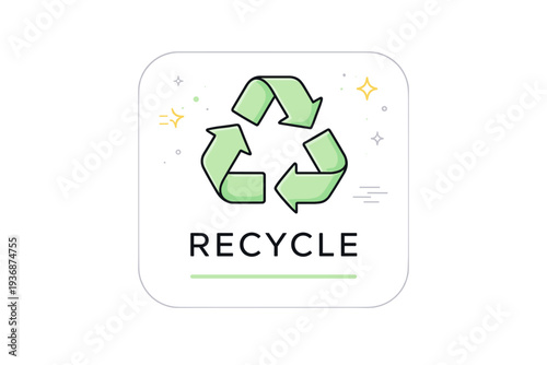 Recycling label design. A minimal recycling symbol presented as a clear label or badge, suitable for packaging or instructions. The feeling is precise and