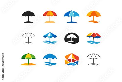 July. Icon set. Set Logo of July: beach umbrella. harmonious logo variations of the same emblematic concept, each with different artistic interpretation