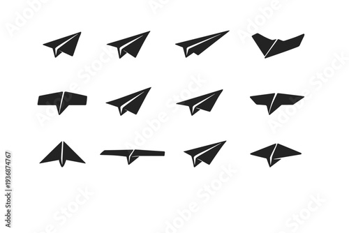 Paper Plane Types. Solid icon set of Paper Plane Types: simple paper plane, speed paper plane, long-distance paper plane, stunt paper plane, wide-wing paper