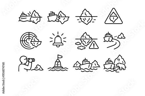 Iceberg Hazards. Line icon set of Iceberg Hazards: ship iceberg warning, collision danger, submerged ice risk, navigation hazard sign, iceberg radar detection,