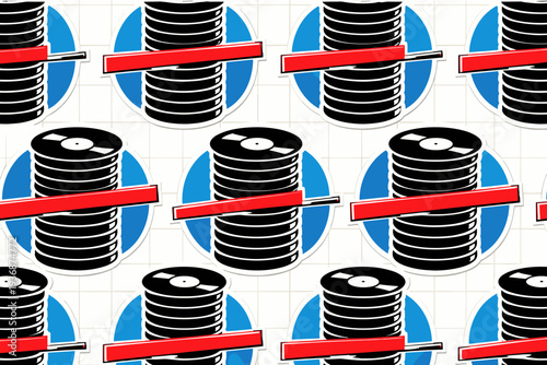 Black and white seamless pattern of stacked vinyl discs forming vertical rhythm, bold blue circular halo partially hidden behind the repetition, sharp red