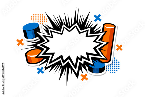 Minimalist modern graphic collage of a comic book explosion icon, radial burst lines in black and white, combined with abstract cylinders, crosses, and dots in
