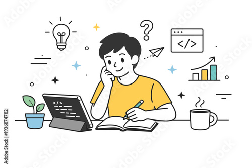 Learning programming. A friendly editorial scene with a person studying code from a screen or tablet, expressing curiosity and growth. Calm environment, simple
