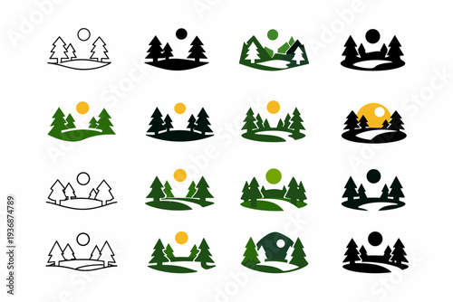 Glade. Icon set. Set Logo of Glade: forest clearing with trees. harmonious logo variations of the same emblematic concept, each with different artistic