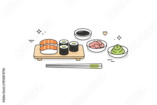 Healthy sushi meal. A calm scene with sushi, ginger, and wasabi arranged with plenty of white space. Light, fresh food choices and balance expressed through