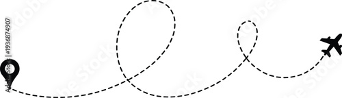 Airplane flight path with dashed route line from location pin showing travel journey navigation concept isolated minimal vector travel route illustration for design