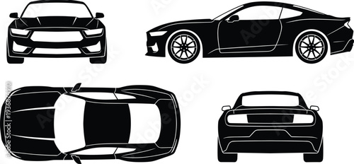 Black sports car silhouette set with front, side, top and rear views, modern coupe automobile vector illustration for automotive design and transport concepts