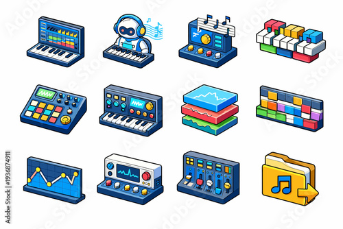 Music production AI. Colorful isometric vector icons set of Music production AI: digital audio workstation, AI composer, melody generator, chord progression,