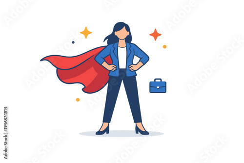 Strong woman concept shown with a cape flowing behind a central female figure and subtle spark elements, expressing leadership, courage, and empowerment in