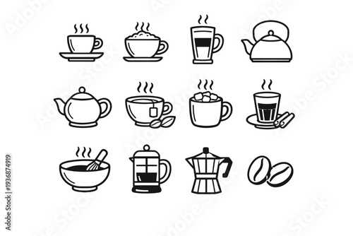 Hot Beverages. Line icon set of Hot Beverages: espresso cup, cappuccino cup, latte glass, tea kettle, teapot, herbal tea cup, hot cocoa mug, chai tea, matcha
