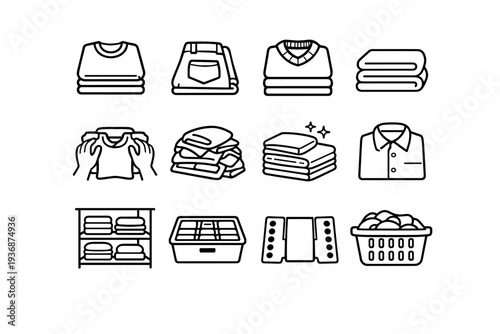 Folding Clothes. Line icon set of Folding Clothes: folded t-shirt, folded pants, folded sweater, folded towel, folding hands, laundry pile, clean clothes