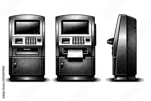 Ticket Machine ? Compact kiosk ticket machine shown in closed idle state, paper exit open view, and side thickness profile, represented as one consistent