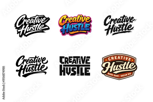 Creative Hustle. Set lettering. harmonious lettering variations of the same emblematic concept, each with different artistic interpretation (Dynamic