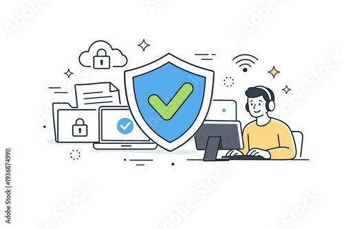 Cyber security concept. A shield icon protecting documents and devices, with a calm person monitoring the system. Feeling of safety, control, and trust in