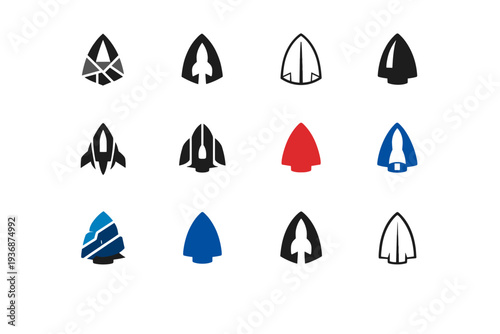 Rocket. Icon set. Set Logo of rocket: minimalist rocket nose cone. harmonious logo variations of the same emblematic concept, each with different artistic