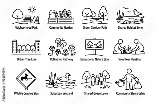 Community Green Spaces. Line icon set of Community Green Spaces: neighborhood park, community garden, green corridor path, shared habitat zone, urban tree