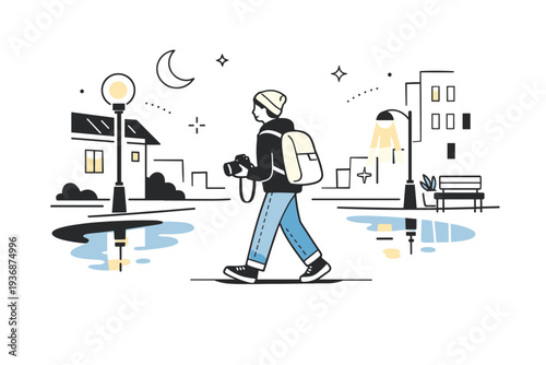 Nighttime city photography walk. A person walking through a quiet city street at night with a camera, soft streetlights and calm reflections around. The scene