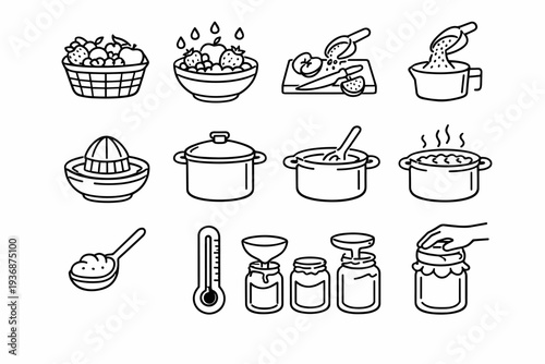 Homemade Jam Making. Line icon set of Homemade Jam Making: fresh fruit basket, washed fruits bowl, cutting fruits, measuring sugar, lemon juicing, cooking pot,