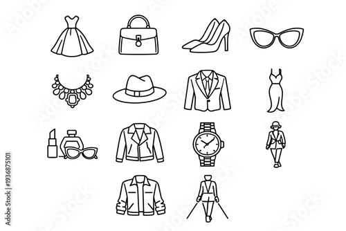 Celebrity Fashion. Line icon set of Celebrity Fashion: couture dress, luxury handbag, high fashion heels, sunglasses style, statement jewelry, fashion hat,