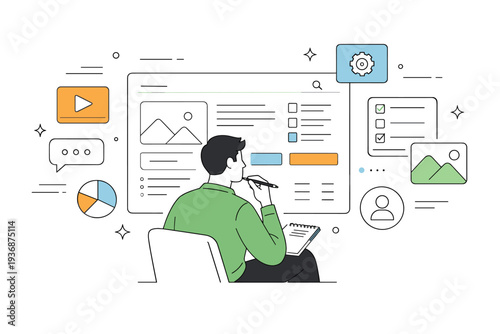 UI UX concept overview. A designer reviewing a clean interface layout on a large screen, calm focus on structure and balance, abstract panels and icons