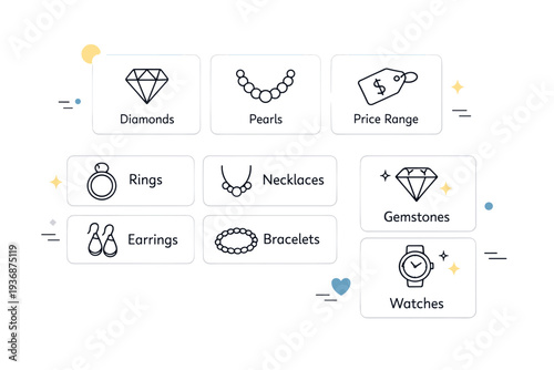 Jewelry UI line icons. A practical editorial scene showing jewelry line icons used inside simple interface cards or filters. The atmosphere is modern and