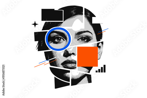 Black and white frontal face portrait fragmented into geometric sections, bold electric blue circular frame highlighting one eye, neon orange square blocking