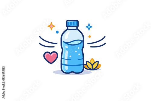 Water drinking reminder emphasizing self-care and body awareness. A soothing visual badge with a bottle, gentle motion lines, and small spark elements that