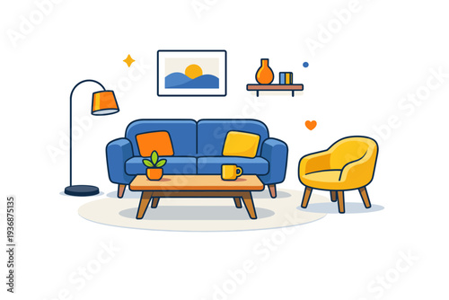Interior designer furniture layout centered on a calm room plan with a sofa, table, and chair arranged in balanced harmony, expressing spatial thinking and