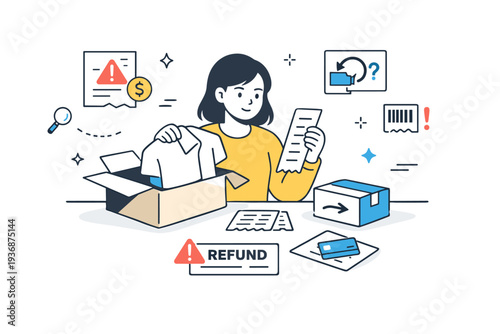 Return fraud behavior. A calm editorial scene of a person reviewing returned items and receipts at a desk. The mood feels analytical and cautious, with subtle