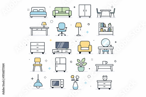Furniture mini icon set. A clean collection of simple furniture icons arranged in a balanced grid, showing everyday home essentials. The scene feels organized,