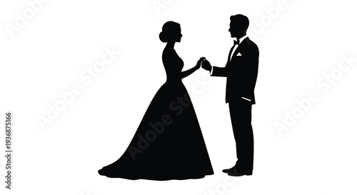 A black silhouette depicts a bride and groom holding hands during their first dance high quality