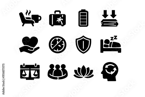 Burnout Prevention. Solid icon set of Burnout Prevention: rest break coffee, vacation suitcase, energy battery full, workload reduction arrows, self care