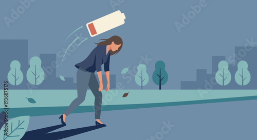 Woman walking slowly with low battery icon above in urban setting  