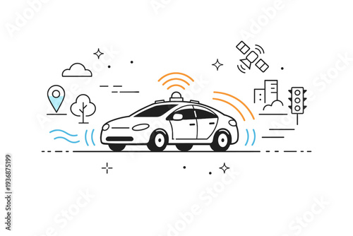 Autonomous transportation. A self-driving car moving smoothly along a road with sensors and signal lines around it. Smart systems, safety, controlled