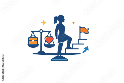Female empowerment inspired by equality and opportunity illustrated by balanced scales or steps integrated with a female silhouette, conveying fairness and