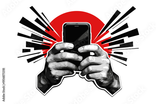 Black and white realistic hands holding a smartphone at chest level, thumbs frozen mid-scroll suggesting sudden reaction, bold red circle behind the phone as