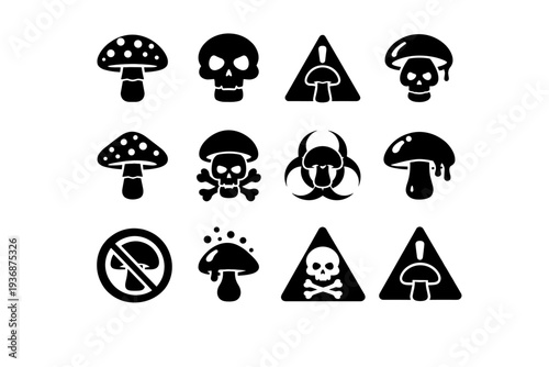 Poisonous Mushrooms. Solid icon set of Poisonous Mushrooms: fly agaric mushroom, skull mushroom symbol, toxic mushroom sign, warning mushroom,