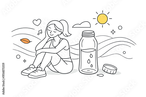 Daily hydration. Used water bottle with a few drops inside, cap resting loosely, quiet pause between activities. Gentle curves and abstract waves express