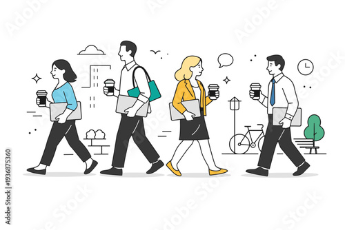 City work life. Office workers carrying laptops and coffee cups, heading to or from work. Balanced professional mood with clean urban elements