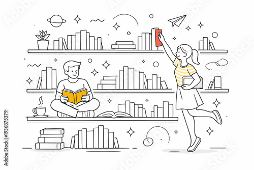 Book collection. Neatly arranged books on open shelves, varied heights creating rhythm, small sparkles and abstract shapes floating around. Calm, inspiring