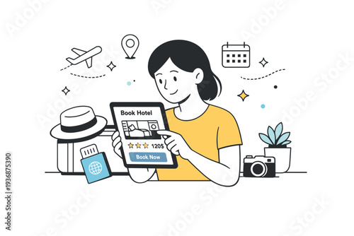 Hotel booking experience. A guest using a smartphone or tablet to book a hotel room, simple digital interaction. Calm planning and travel readiness mood.