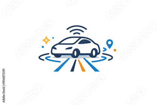 Smart mobility focused on autonomous transport shown through a minimal car with sensor accents and guiding lines, expressing safety and hands-free innovation.