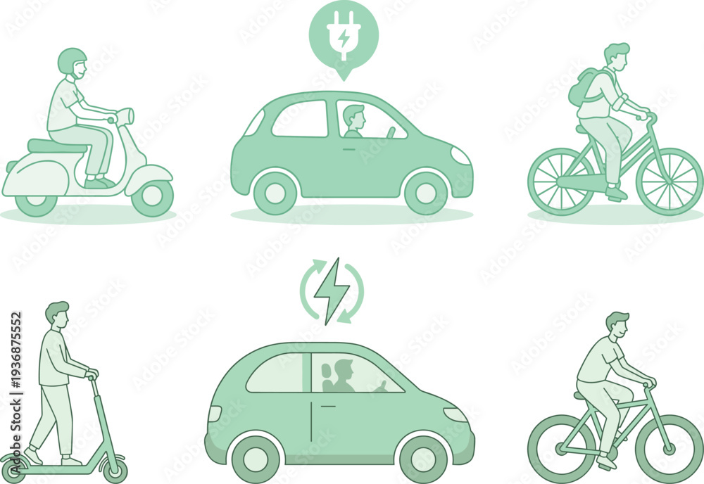 Naklejka premium Green eco friendly transportation illustration set with electric car, bicycle, scooter and urban mobility concepts for sustainable city travel and clean energy transport