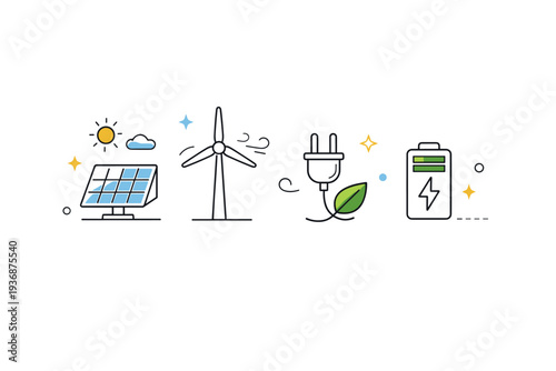 Clean energy icons. A calm editorial scene with icons of solar panel, wind turbine, electric plug and battery. Transition to renewable energy and innovation,