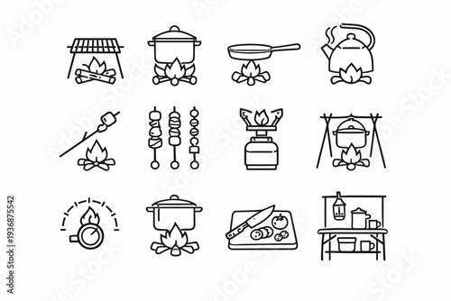 Outdoor Cooking. Line icon set of Outdoor Cooking: campfire grill, cooking pot, pan over fire, kettle boiling, roasting stick, food skewers, outdoor stove,