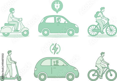 Green eco friendly transportation illustration set with electric car, bicycle, scooter and urban mobility concepts for sustainable city travel and clean energy transport