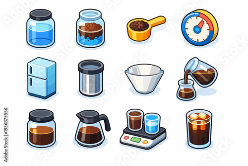 Cold Brew Brewing. Colorful isometric vector icons set of Cold Brew Brewing: steeping jar, coffee grounds in water, measuring spoon, timer clock, refrigerator,