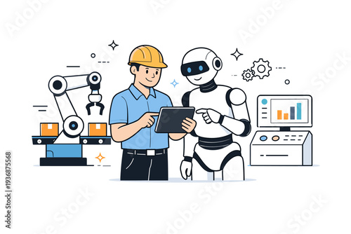 Human and robot collaboration. Editorial scene of a worker and automated system sharing tasks, reviewing data on a tablet near robotic equipment.